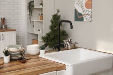 Lavabo, çatal bıçak ve ev bitkileri mutfak tezgahının içinde.