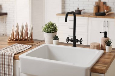 Lavabo, tabak ve bitkiler mutfak tezgahında.