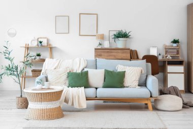 Gri kanepesi, kahve masası ve zeytin ağacı olan şık bir oturma odası.