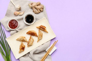 Kızarmış Japon gyoza tabağı ve leylak arka planda bir kase sos.