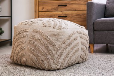 Gri pouf, çekmece sandığı ve oturma odasının iç tarafında koltuk. Yakın çekim.