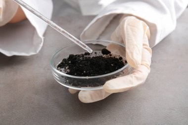 Bilimadamı masada toprağı inceliyor, yakın plan.