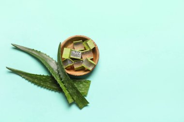 Arkaplanda taze aloe yaprakları olan bir tabak.