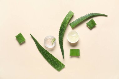 Kase dolusu taze aloe jeli ve renk arkaplan yapraklı kompozisyon