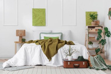 Bavulunda raf ve ev bitkisi olan modern şık bir yatak odası.