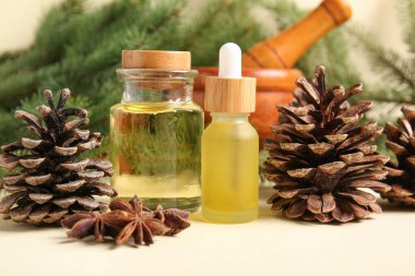 Gerekli yağ şişeleri, çam kozalakları, anason yıldızları ve köknar dalları