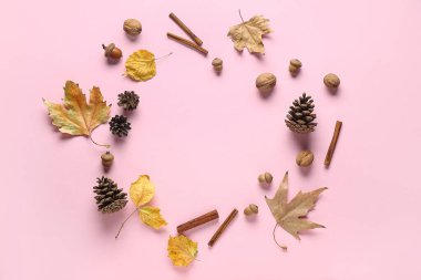 Çam kozalaklarından yapılmış çerçeve, tarçın çubukları, düşmüş yapraklar ve pembe arka planda fındıklar