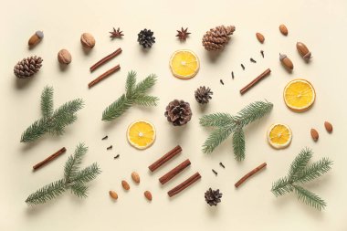 Köknar dalları, baharatlar, kurutulmuş portakal dilimleri ve renk arkaplanda çam kozalakları ile kompozisyon