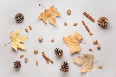 Tarçın çubukları, çam kozalakları, düşen yapraklar ve gri arka planda badem fındıklı kompozisyon
