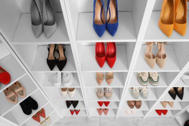 Odada farklı kadın ayakkabıları olan raf ünitesi.