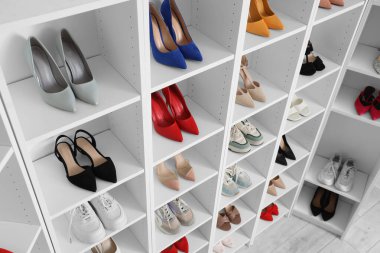 Odada farklı kadın ayakkabıları olan raf ünitesi.