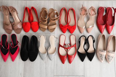 Açık ahşap zeminde farklı kadın ayakkabıları, üst manzara.