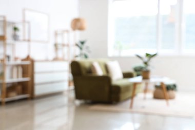 Oturma odası, yeşil kanepe, sehpa ve bitkilerle bulanık görünüyor.