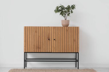 Beyaz duvarın yanında küçük zeytin ağacı olan ahşap dolap.