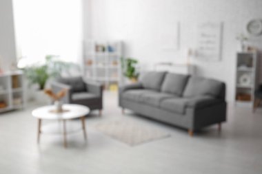 Oturma odasının içinde rahat bir kanepe, koltuk ve kahve masası. Bulanık görünüm