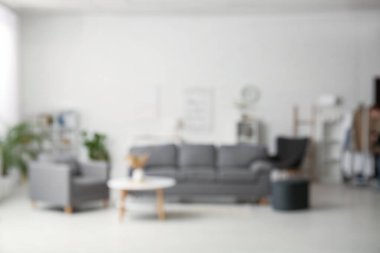 Oturma odasının iç tarafında rahat bir kanepe, koltuk ve sehpa. Bulanık görünüm