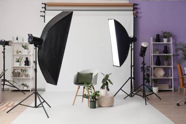 Profesyonel ekipman, koltuk ve bitkilerle dolu bir fotoğraf stüdyosu.