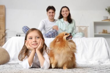 Pomeranya tükürüğü olan küçük bir kız ve ailesi yatak odasında.