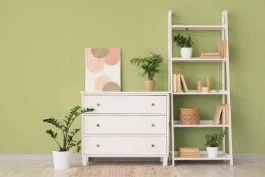 Beyaz tuvaleti, raf ünitesi ve bitkileri olan oturma odasının içinde.