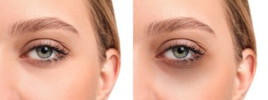 Siyah halkalı ya da değil, beyaz arka planda genç bayanın karşılaştırılması, yakın plan.