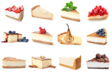 Beyaz arkaplanda lezzetli peynirli kek parçaları.