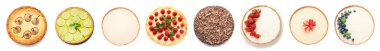 Beyaz arka planda leziz cheesecake seti, üst manzara