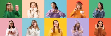 Renkli arka planda şık süveter giyen farklı genç kadınların kolajı