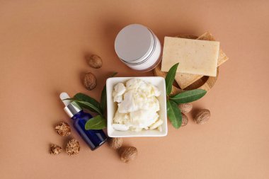 Renkli arka planda bir kase Shea yağı, fındık ve kozmetik ürünleri ile kompozisyon