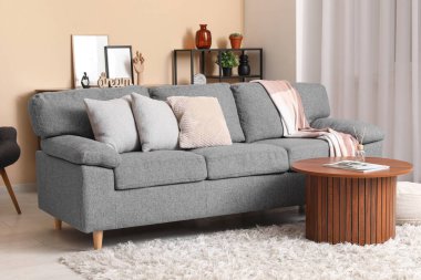 Gri kanepesi, kahverengi sehpası ve koltuğu olan modern oturma odasının içinde.