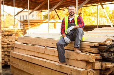 Yansıtıcı yelek giymiş genç marangoz kereste fabrikasında ahşap kalaslarda oturuyor.
