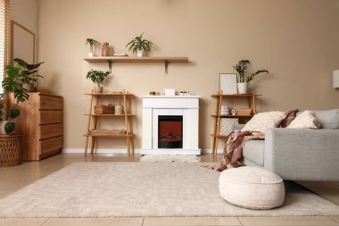 Oturma odasının içinde şöminesi, raf üniteleri ve bej duvarın yanındaki gri kanepe.