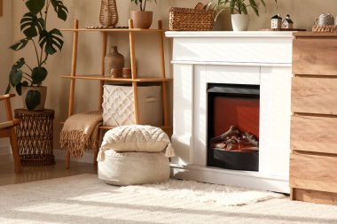 Oturma odasının içinde şöminesi, raf ünitesi ve bej duvarın yanındaki ev bitkileri.