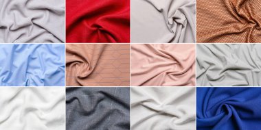 Collage of different fabric textures, closeup view clipart