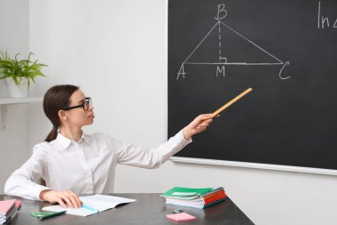 Sınıfta ders veren genç bayan matematik öğretmeni.