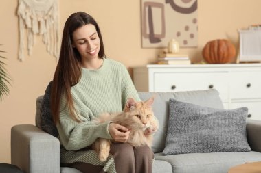 Evinde sevimli Maine Rakun kedisiyle kanepede oturan genç bir kadın.