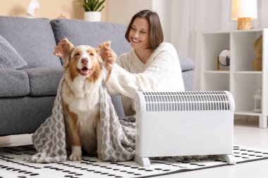 Evde ısıtıcının yanında battaniyeli genç kadın ve Avustralyalı çoban köpeği oturuyor.