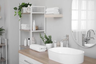 Katlanmış temiz havlular, banyo masasında ev bitkileri ve kozmetik ürünler.