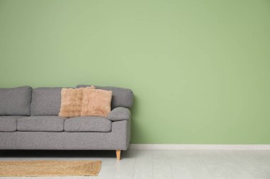 Yeşil duvarın yanında rahat kanepesi ve halısı olan şık bir oturma odası.