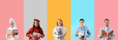 Renkli arka planda dergileri olan bir grup farklı insan