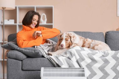 Battaniyeli genç kadın ve Avustralyalı çoban köpeği evdeki ısıtıcının yanındaki kanepede yatıyor.