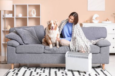 Battaniyeli genç bir kadın ve evdeki radyatörün yanındaki koltukta oturan Avustralyalı çoban köpeği.