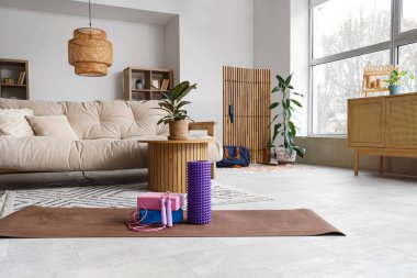 Oturma odasındaki paspasın üzerine ip atlayan köpük silindirli.