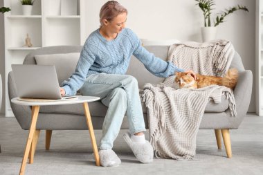 Evdeki kanepede dizüstü bilgisayar kullanan yumuşak terlikli güzel bir kadın.