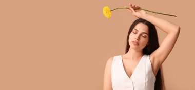 Bej arka planda kasımpatı çiçeğini tutan güzel genç bir kadın.