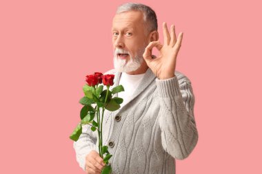 Gül çiçekli olgun bir adam pembe arka planda iyi görünüyor. Sevgililer Günü kutlaması