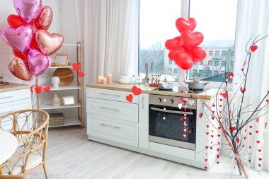 Interior of festive kitchen with decorations for Valentine's Day celebration