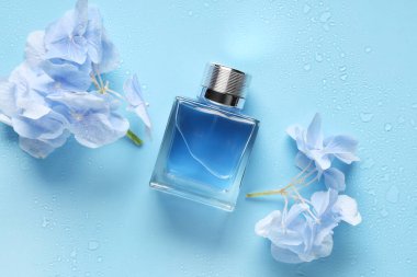Mavi arka planda bir şişe parfüm ve ortanca çiçeği.