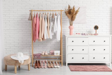 Modern giyinme odasının şık iç mekanı kadın kıyafetleri ve otlarla dolu.