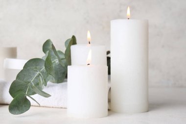 Mumları okaliptüs dalıyla yakmak ve beyaz arka planda kozmetik krem kavanozu