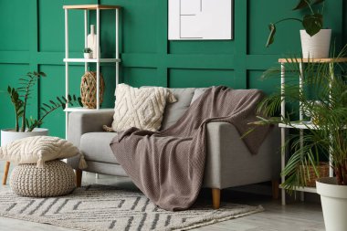 Oturma odasının içinde kanepe ve ekose örgü.